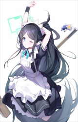 Rule 34 | 1girl, absurdly long hair, absurdres, apron, aris (blue archive), aris (maid) (blue archive), black hair, blue archive, blue eyes, broom, halo, highres, long hair, looking at viewer, maid, maid apron, maid headdress, official alternate costume, one eye closed, solo, very long hair, yamada auto