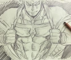 Rule 34 | 1boy, all might, bodysuit, boku no hero academia, collared shirt, eyebrows, highres, looking at viewer, male focus, monochrome, muscular, official art, shirt, short hair, sketch, solo, umakoshi yoshihiko, aged down