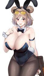 Rule 34 | 1girl, absurdres, alternate breast size, animal ear hairband, animal ears, arm strap, blush, breasts, bullpup, cleavage, collarbone, desspie, detached collar, double bun, fake animal ears, girls&#039; frontline, gun, hair bun, hairband, highres, huge breasts, leotard, light brown hair, looking at viewer, open mouth, p90, p90 (girls&#039; frontline), pantyhose, personal defense weapon, playboy bunny, rabbit ear hairband, rabbit ears, red eyes, shiny skin, short hair, smile, solo, submachine gun, sunglasses, weapon, wrist cuffs