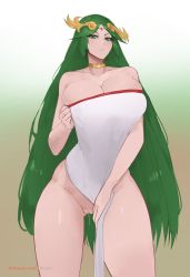 Rule 34 | 1girl, artist name, breasts, cleavage, collarbone, curvy, green eyes, green hair, highres, kid icarus, kid icarus uprising, kisou (kisou00), large breasts, long hair, looking at viewer, nintendo, palutena, pussy, solo, thick thighs, thighs, uncensored, very long hair, wide hips