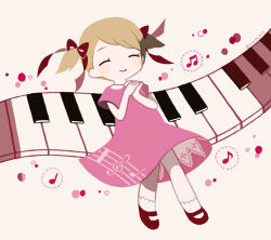 Rule 34 | 1girl, ana (mother), blonde hair, blush, child, closed eyes, dots, dress, eighth note, highres, instrument, keyboard (instrument), mary janes, milkpeachi, mother (game), mother 1, music, musical note, nintendo, own hands together, pink dress, quarter note, shoes, smile, socks, solo, treble clef, white socks