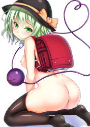 Rule 34 | 1girl, ass, backpack, bag, black thighhighs, blush, breasts, cleft of venus, ebi 193, green eyes, green hair, hat, heart, heart of string, komeiji koishi, looking at viewer, matching hair/eyes, nipples, nude, pussy, randoseru, short hair, simple background, small breasts, solo, team shanghai alice, thighhighs, third eye, touhou, uncensored, white background