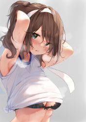 Rule 34 | 1girl, absurdres, armpits, arms behind head, arms up, black bra, blue eyes, blush, bra, breasts, brown hair, cleavage, grey background, hairband, highres, looking at viewer, medium hair, midriff, nekomugiharu, original, paid reward available, parted lips, ponytail, shirt, short sleeves, side-tie shirt, simple background, solo, steaming body, sweat, textless version, tied shirt, underwear, upper body, white hairband, white shirt