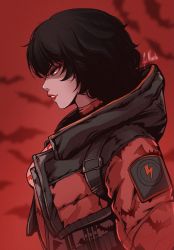 Rule 34 | 1girl, animal print, apex legends, bat (animal), bat print, black hair, breasts, commentary, english commentary, from side, highres, hood, hooded jacket, jacket, lightning bolt symbol, lipstick, looking down, makeup, noush, orange jacket, parted lips, red lips, short hair, small breasts, solo, thick lips, upper body, wattson (apex legends), winged menace wattson