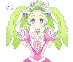 Rule 34 | 1girl, ?, arms up, choker, closed mouth, colored eyelashes, commentary request, dress, elbow gloves, expressionless, falulu, forehead, gloves, green hair, grey eyes, headphones, holding, holding hair, long hair, looking at viewer, moudoku (decopon3rd), pink dress, pretty series, pripara, sidelocks, simple background, solo, speech bubble, spoken question mark, tiara, twintails, very long hair, white background, white choker, white gloves