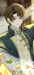 Rule 34 | 1boy, artem wing (tears of themis), blue eyes, blurry, blurry background, brown hair, canhunmiao, chinese clothes, highres, leaf, long sleeves, looking at viewer, male focus, short hair, smile, solo, tears of themis, upper body, wind