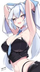 Rule 34 | 1girl, armpits, arms behind back, artist name, between breasts, black bustier, black panties, black skirt, blue hair, blue necktie, breasts, bustier, commission, dated, detached collar, grey hair, hair intakes, highleg, highleg panties, highres, indie virtual youtuber, large breasts, looking at viewer, low twintails, midriff, multicolored hair, navel, necktie, necktie between breasts, nonomiya miya, open mouth, panties, purple eyes, skeb commission, skirt, smile, solo, stomach, strapless, streaked hair, sweater, symbol-shaped pupils, ta1sh1, twintails, underwear, virtual youtuber, wing collar