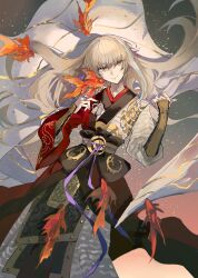 Rule 34 | 1boy, absurdres, alternate hairstyle, archer (fate/samurai remnant), arm guards, black hanfu, cape, chinese clothes, d0zen, fate/samurai remnant, fate (series), fish, goldfish, grey hair, hanfu, highres, long hair, looking at viewer, male focus, multicolored hair, red hanfu, smile, solo, streaked hair, white cape, white hair, white hanfu, yellow eyes
