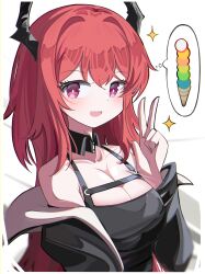 Rule 34 | 1girl, :d, absurdres, arknights, black dress, black jacket, breasts, cleavage, demon horns, dress, food, hair between eyes, hair intakes, highres, horns, ice cream, ice cream cone, jacket, long hair, long sleeves, looking at viewer, medium breasts, off shoulder, open clothes, open jacket, open mouth, purple eyes, red hair, smile, solo, spam (spamham4506), sparkle, spoken food, surtr (arknights), too many, too many scoops, very long hair, white background