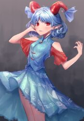 Rule 34 | 1girl, bare shoulders, blue hair, blush, clothing cutout, curly hair, feet out of frame, highres, horns, leste (humansequencer), light blue hair, looking at viewer, parted lips, red eyes, revision, sharp teeth, short hair, shoulder cutout, simple background, solo, standing, teeth, touhou, toutetsu yuuma, white background