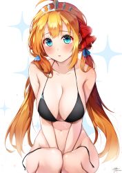 Rule 34 | 1girl, :o, ahoge, aqua eyes, bare arms, bare shoulders, between legs, bikini, black bikini, blush, breasts, cleavage, collarbone, hair ribbon, hand between legs, highres, large breasts, long hair, looking at viewer, low twintails, navel, orange hair, parted lips, pecorine (princess connect!), princess connect!, red ribbon, ribbon, side-tie bikini bottom, sidelocks, signature, sitting, solo, stomach, swimsuit, tiara, twintails, untied bikini, very long hair, yeooudam