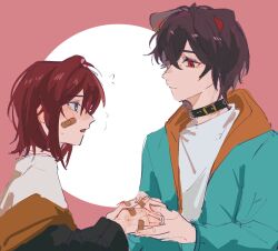 Rule 34 | 1boy, 1girl, ?, ange katrina, animal ears, bandaid, bandaid on face, bandaid on hand, bare shoulders, blue eyes, blue jacket, blush, brown hair, chinese commentary, closed mouth, collar, commentary request, dog ears, genderswap, genderswap (ftm), highres, holding hands, inui toko, jacket, lingyi, looking at another, multicolored hair, nijisanji, parted lips, pink background, red eyes, red hair, shirt, short hair, sweatdrop, two-tone hair, upper body, virtual youtuber, white background, white shirt