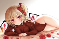 Rule 34 | 1girl, alternate costume, bare hips, bed sheet, blush, bow, breasts, closed mouth, crystal, fang, fang out, flandre scarlet, flower, gradient background, hair bow, heattech leotard, highleg, highleg leotard, leotard, long sleeves, looking back, lying, medium hair, on side, pointy ears, red bow, red eyes, red flower, red leotard, red rose, rose, side ponytail, small breasts, smile, solo, thighs, touhou, turtleneck, wings, yuma (yuuma pants)