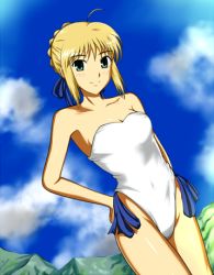 Rule 34 | 1girl, ahoge, artoria pendragon (fate), asaishi, bad id, bad pixiv id, bare arms, bare legs, bare shoulders, blonde hair, braid, breasts, casual one-piece swimsuit, cloud, fate/stay night, fate (series), female focus, green eyes, legs, looking at viewer, lowres, mountain, one-piece swimsuit, saber (fate), short hair, sky, smile, solo, strapless, strapless one-piece swimsuit, swimsuit, white one-piece swimsuit