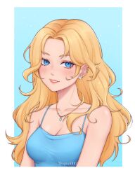 Rule 34 | 1girl, absurdres, artist name, bare shoulders, blonde hair, blue background, blue eyes, blush, border, breasts, earrings, flower earrings, grin, haley (stardew valley), highres, jewelry, lips, long hair, looking at viewer, medium breasts, mugen0017, necklace, outside border, parted bangs, parted lips, pink lips, shirt, simple background, sleeveless, sleeveless shirt, smile, solo, stardew valley, white border