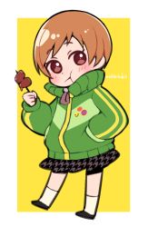 Rule 34 | 1girl, :t, badge, blush, border, brown eyes, brown hair, button badge, chewing, closed mouth, do m kaeru, eating, food, full body, green jacket, hand in pocket, holding, holding food, houndstooth, jacket, looking at viewer, outside border, persona, persona 4, satonaka chie, school uniform, short hair, signature, skewer, skirt, solo, track jacket, two-tone background, unmoving pattern, white border, yasogami school uniform, yellow background