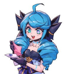 Rule 34 | 1girl, ahoge, black bow, black gloves, bow, breasts, collarbone, dress, drill hair, gloves, green eyes, green hair, gwen (league of legends), hair bow, holding, league of legends, long hair, phantom ix row, small breasts, smile, solo, teeth, twin drills, twintails