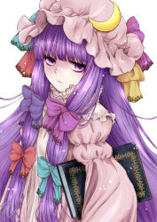 Rule 34 | 1girl, :/, blue bow, blunt bangs, book, bow, crescent, crescent hat ornament, dress, eyebrows hidden by hair, hair ribbon, half-closed eyes, hat, hat ornament, highres, holding, holding book, long hair, looking at viewer, mob cap, multi-tied hair, papapapappa123, patchouli knowledge, purple eyes, purple hair, ribbon, simple background, solo, touhou, tress ribbon, very long hair, white background