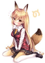 Rule 34 | 10s, 1girl, alternate costume, animal ears, black gloves, blonde hair, blush, bow, bowtie, breasts, extra ears, ezo red fox (kemono friends), fox ears, fox tail, gloves, hair between eyes, japari symbol, kemono friends, loafers, long hair, long sleeves, looking at viewer, medium breasts, multicolored clothes, multicolored hair, multicolored legwear, necktie, pantyhose, plaid, plaid vest, pleated skirt, school uniform, shiero., shirt, shoes, simple background, sitting, skirt, solo, tail, very long hair, vest, wariza, white background, white shirt, yellow eyes