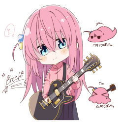 &gt;_&lt; 1girl black_skirt blue_eyes blush_stickers bocchi_the_rock! character_name chibi closed_mouth collared_jacket commentary_request cropped_legs crying cube_hair_ornament electric_guitar false_smile flying_sweatdrops gotoh_hitori gotoh_hitori_(octopus) gotoh_hitori_(tsuchinoko) guitar hair_between_eyes hair_ornament high_collar instrument jacket long_hair long_sleeves looking_at_viewer motion_lines multiple_views musical_note octoling one_side_up pink_hair pink_jacket playing_guitar pleated_skirt shaded_face shigure_(sigre) signature simple_background skirt smile spoken_musical_note tears track_jacket translation_request very_long_hair white_background