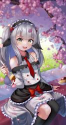 Rule 34 | 1girl, absurdres, asymmetrical legwear, buttons, cake, cake slice, chiem (vtuber), double-breasted, food, fork, frilled skirt, frills, gradient eyes, grey eyes, hairband, highres, hoshino aoi (la huynh hai than), indie virtual youtuber, looking at viewer, mismatched legwear, multicolored eyes, necktie, off shoulder, open mouth, red necktie, silver hair, skirt, solo, two side up, virtual youtuber, wings, yellow eyes