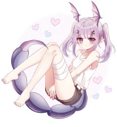 Rule 34 | 1girl, arknights, bandaged leg, bandages, bare arms, bare legs, bare shoulders, barefoot, black shorts, blush, breasts, collarbone, commentary request, hair ornament, hairclip, head wings, heart, knees together feet apart, knees up, liu (-liu), long hair, looking at viewer, manticore (arknights), midriff peek, nail polish, pointy ears, purple eyes, purple hair, purple nails, scorpion tail, short shorts, shorts, sidelocks, small breasts, solo, tail, tank top, thighs, toenail polish, toenails, twintails, white background, white tank top, wings