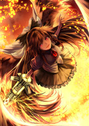 Rule 34 | 1girl, absurdly long hair, absurdres, alternate weapon, bow, breasts, brown hair, brown wings, cape, control rod, electricity, green bow, green skirt, hair bow, highres, kirieroido iii, light particles, long hair, looking at viewer, open mouth, outstretched arms, puffy short sleeves, puffy sleeves, red eyes, reiuji utsuho, shirt, short sleeves, skirt, slit pupils, smile, solo, spread arms, third eye, touhou, very long hair, weapon, white cape, white shirt, wings