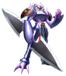 Rule 34 | armor, claiomh solais (digimon), craniamon, digimon, digimon (creature), digimon story: cyber sleuth, dot pupils, full armor, gauntlets, loincloth, monster, no humans, official art, polearm, purple armor, purple hair, red eyes, royal knights, shoulder pads, shoulder spikes, simple background, skull, solo, spear, spikes, weapon, white background, yasuda suzuhito