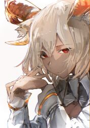 Rule 34 | 1girl, animal ears, arknights, carnelian (arknights), closed mouth, collarbone, collared jacket, commentary request, goat ears, goat girl, goat horns, gold horns, hair between eyes, hamaguri-san (hamagur69200744), head tilt, highres, horns, jacket, long sleeves, looking at viewer, medium hair, open clothes, open jacket, own hands together, parted bangs, red eyes, shirt, simple background, solo, white background, white hair, white jacket, white shirt