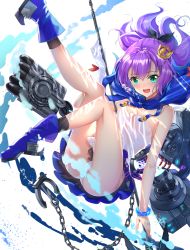 Rule 34 | 1girl, :d, air bubble, anchor, arm up, ass, azur lane, bare shoulders, black ribbon, black socks, boots, breasts, bubble, camisole, chain, commentary request, crown, gloves, green eyes, hair between eyes, hair ribbon, highres, javelin, javelin (azur lane), legs up, looking at viewer, machinery, medium breasts, mini crown, open mouth, panties, plaid, plaid skirt, pleated skirt, ponytail, purple footwear, purple hair, purple skirt, ribbon, see-through, single glove, skirt, smile, socks, solo, swordsouls, torpedo, underwater, underwear, wet, wet clothes, white camisole, white gloves, white panties