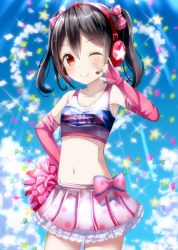 Rule 34 | 10s, 1girl, ;), black hair, blush, bow, cheerleader, cloud, collarbone, confetti, cowboy shot, crop top, day, elbow gloves, english text, fang, fingerless gloves, gloves, hair between eyes, hair bow, hand on own hip, headset, looking at viewer, love live!, love live! school idol project, m/, midriff, miniskirt, morerin, navel, one eye closed, outdoors, pink gloves, pleated skirt, polka dot, polka dot skirt, pom pom (cheerleading), red eyes, shirt, skirt, sleeveless, smile, solo, star (symbol), takaramonozu, tank top, taut clothes, taut shirt, twintails, wink, yazawa nico