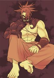 Rule 34 | 1boy, abs, angry, bara, bare arms, bare pectorals, bare shoulders, biceps, covering own mouth, fate/grand order, fate (series), feet, hair over one eye, hakama, half mask, igote, japanese clothes, large pectorals, mask, muscular, muscular male, pectorals, red rope, rope, sitting, solo, spiked hair, stomach, tanaka shinbei (fate), y usato