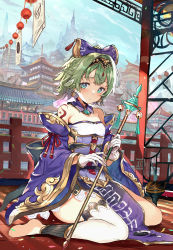 Rule 34 | 1girl, abusoru, architecture, bare shoulders, barefoot, grabbing another&#039;s breast, building, china dress, chinese clothes, dress, east asian architecture, grabbing, green eyes, green hair, hair between eyes, hair ornament, hair ribbon, hiding, highres, holding, holding staff, indoors, looking at viewer, original, ribbon, short hair, sitting, solo, solo focus, staff, tattoo, window