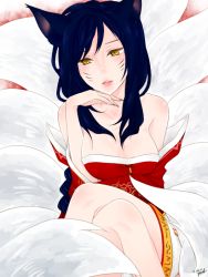 Rule 34 | 1girl, ahri (league of legends), animal ears, artist request, bad id, bad pixiv id, facial mark, fox ears, fox tail, korean clothes, league of legends, crossed legs, looking at viewer, sitting, solo, tail, whisker markings, yellow eyes