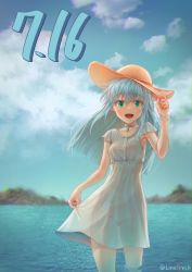 Rule 34 | 1girl, absurdres, alice gear aegis, blue hair, choker, cloud, commentary request, dated, dress, green eyes, hat, highres, holding, holding clothes, holding dress, holding hat, jewelry, lake, line3reak, ochanomizu mirie, open mouth, see-through, sky, smile, solo, standing, sun hat, twitter username, wading, water, white dress