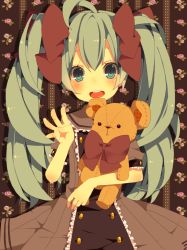 1girl ahoge bad_id bad_pixiv_id blush bow dress female_focus frills green_eyes green_hair hair_bow hatsune_miku holding long_hair matching_hair/eyes open_mouth solo stuffed_animal stuffed_toy teddy_bear twintails utaoka_(23com) vocaloid yugake_(mrnmrm)