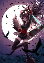 Rule 34 | 1girl, adsouto, ahoge, arms up, artist name, belt, bird, black footwear, black hair, boots, breasts, broken moon, corset, crossed bangs, facing viewer, feathers, fingerless gloves, forest, gloves, glowing, glowing eyes, hair between eyes, highres, holding, holding sword, holding weapon, jewelry, large breasts, long hair, mature female, moon, nature, necklace, night, open mouth, pleated skirt, raven branwen, red eyes, rwby, shorts, shorts under skirt, skirt, solo, sword, thigh boots, thighhighs, vambraces, weapon
