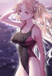 Rule 34 | 1girl, alternate costume, arm at side, black one-piece swimsuit, blonde hair, blush, breasts, cleavage, commentary request, competition swimsuit, ereshkigal (fate), evening, fate/grand order, fate (series), hair flip, hair ornament, hair scrunchie, highleg, highleg swimsuit, highres, hyury, impossible clothes, large breasts, long hair, looking at viewer, medium breasts, one-piece swimsuit, parted bangs, parted lips, red eyes, scrunchie, smile, solo, standing, swimsuit, two side up, very long hair, water, wet, wet clothes, wet swimsuit, white scrunchie