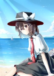 Rule 34 | 1girl, absurdres, beach, black hat, black skirt, blurry, boat, bow, brown eyes, brown hair, cloud, collared shirt, commentary, depth of field, dot mouth, fedora, hair between eyes, hat, hat bow, highres, light rays, looking at viewer, necktie, ocean, puffy short sleeves, puffy sleeves, red necktie, sailboat, shirt, short hair, short sleeves, sitting, skirt, solo, t-hou, touhou, usami renko, watercraft, white bow, white shirt