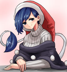 Rule 34 | 1girl, absurdres, alt text, black capelet, blue eyes, blue hair, blush, book, breasts, capelet, doremy sweet, dress, hat, head tilt, highres, ise corridor, looking at viewer, nightcap, off shoulder, pom pom (clothes), ribbed sweater, short hair, smile, solo, sweater, tail, tapir tail, touhou, turtleneck, upper body