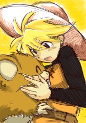 Rule 34 | 1girl, ^ ^, absurdres, animal ears, animal hands, bad id, bad pixiv id, belt, black shirt, blonde hair, brown belt, brown eyes, buck teeth, chouku tetsushitsuiwa, closed eyes, commentary request, creatures (company), fur, game freak, gen 1 pokemon, hair between eyes, hands on another&#039;s face, hat, highres, long sleeves, looking at another, looking down, mouse (animal), mouse ears, nintendo, pokemon, pokemon (creature), pokemon adventures, raticate, shirt, short hair, straw hat, sun hat, tareme, tearing up, tears, teeth, upper body, whiskers, yellow (pokemon), yellow background, yellow overalls, yellow theme
