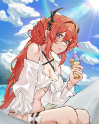 Rule 34 | 1girl, :o, absurdres, arknights, bare shoulders, blue sky, breasts, cleavage, criss-cross halter, day, detached sleeves, feet out of frame, food, hair intakes, hair rings, halterneck, hammock, highres, holding, holding food, horns, ice cream, light rays, long hair, long sleeves, looking at viewer, medium breasts, navel, ocean, official alternate costume, open mouth, outdoors, pota douzhi, purple eyes, red hair, sitting, sky, solo, sun, sunbeam, sunlight, surtr (arknights), surtr (colorful wonderland) (arknights), swimsuit cover-up, thigh strap, very long hair