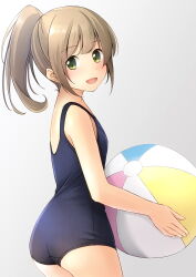 Rule 34 | 1girl, :d, ass, ball, bare arms, bare shoulders, beachball, blue one-piece swimsuit, brown hair, commentary request, from behind, gradient background, green eyes, grey background, highres, holding, holding ball, looking at viewer, looking back, old school swimsuit, one-piece swimsuit, open mouth, original, ponytail, school swimsuit, shibacha, sidelocks, smile, solo, swimsuit, white background