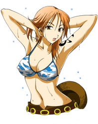 Rule 34 | 1girl, artist request, belt, bikini, bikini top only, breasts, cleavage, covered erect nipples, hat, midriff, nami (one piece), navel, one piece, orange hair, short hair, simple background, skypiea, solo, straw hat, swimsuit, tattoo, wet, white background, yellow eyes
