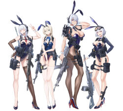 4girls absurdres ak-12 ak-12_(girls&#039;_frontline) ak-15 ak-15_(girls&#039;_frontline) an-94 an-94_(girls&#039;_frontline) animal_ears aqua_eyes assault_rifle between_breasts black_footwear black_leotard black_necktie black_pantyhose blonde_hair blue_bow blue_bowtie blue_leotard bow bowtie braid breasts chinese_commentary cleavage closed_eyes closed_mouth commentary detached_collar elbow_gloves explosive facing_viewer fake_animal_ears fake_tail full_body girls&#039;_frontline gloves goggles goggles_on_head grenade gun handgun headphones high_heels highleg highleg_leotard highres holding holding_gun holding_weapon holster kalashnikov_rifle leotard light_machine_gun long_hair looking_at_viewer lord-erica machine_gun microphone multiple_girls necktie necktie_between_breasts open_mouth pantyhose playboy_bunny pouch purple_eyes purple_leotard rabbit_ears rabbit_tail red_necktie rgd-5 rifle rpk-16 rpk-16_(girls&#039;_frontline) shoes short_hair short_necktie sidelocks simple_background single_glove single_thighhigh smile tail teeth thigh_holster thigh_pouch thighhighs trigger_discipline v weapon white_background white_hair white_thighhighs wrist_cuffs