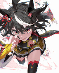 Rule 34 | 1girl, absurdres, ahoge, animal ears, black hair, black sleeves, black thighhighs, bob cut, breasts, buttons, cleavage, cleavage cutout, clothing cutout, commentary, commentary request, detached sleeves, double-breasted, feet out of frame, floating hair, floral print, gold trim, hair ornament, hair ribbon, highres, horse ears, horse girl, horse tail, kitasan black (umamusume), kouhaku nawa, looking at viewer, lower teeth only, medium breasts, multicolored hair, open mouth, orange skirt, otokoe, pleated skirt, red eyes, red ribbon, ribbon, rope, round teeth, running, shimenawa, shirt, simple background, skirt, sleeveless, sleeveless shirt, solo, streaked hair, tail, teeth, thighhighs, two-tone hair, two side up, umamusume, v-shaped eyebrows, white background, white hair, wide sleeves, yellow sleeves, zettai ryouiki