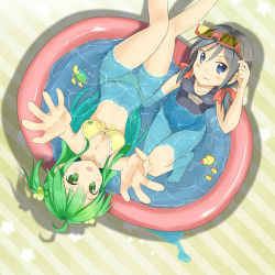 Rule 34 | 2girls, bikini, black hair, blue eyes, blush, breasts, cleavage, eyewear on head, foreshortening, from above, front-tie top, green eyes, green hair, kutata, long hair, multiple girls, navel, open mouth, original, partially submerged, reaching, rubber duck, school uniform, smile, submerged, sunglasses, swimsuit, thigh gap, turtle, twintails, wading pool, water