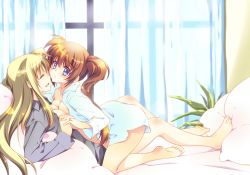 Rule 34 | 2girls, bed, blonde hair, blue eyes, breast press, breasts, brown hair, cleavage, closed eyes, collared shirt, couple, curtains, fate testarossa, girl on top, happy, highres, holding hands, interlocked fingers, long hair, lying, lyrical nanoha, mahou shoujo lyrical nanoha, mahou shoujo lyrical nanoha strikers, mahou shoujo lyrical nanoha vivid, multiple girls, pillow, shirt, side ponytail, smile, symmetrical docking, takamachi nanoha, window, yuri