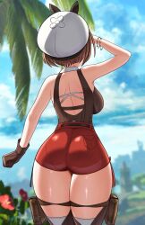 Rule 34 | 1girl, adapted costume, ass, ass focus, atelier (series), atelier ryza, atelier ryza 3, back, brown gloves, brown hair, canadiananiguy, faceless, faceless female, facing away, from behind, gloves, hat, highres, red shorts, reisalin stout, short hair, short shorts, shorts, solo, thick thighs, thighhighs, thighs