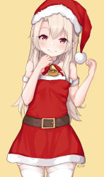 Rule 34 | 1girl, absurdres, bare shoulders, bell, belt, belt buckle, black belt, bow, brown background, buckle, christmas, closed mouth, collarbone, commentary request, cowboy shot, dress, fate/kaleid liner prisma illya, fate (series), fur-trimmed headwear, fur trim, hair between eyes, hands up, hat, highres, illyasviel von einzbern, light brown hair, long hair, looking at viewer, pear sauce, red bow, red dress, red eyes, red hat, santa costume, santa hat, simple background, smile, solo, standing, strapless, strapless dress, thighhighs, very long hair, white thighhighs